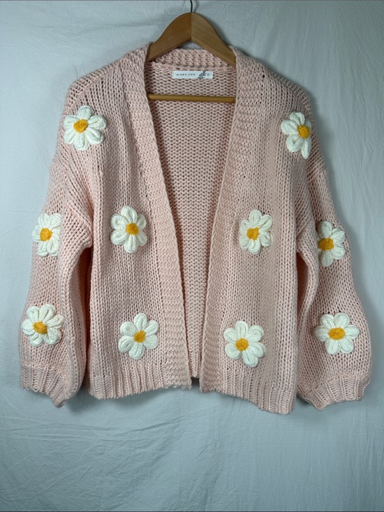 Altar'd State Sweaters - Altar'd State Pink Daisy Applique Open-Front Cardigan